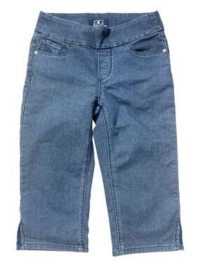 Early 2000’s Black Denim Stretch Capris Pockets Rhinestones Faux Zipper  Size 6